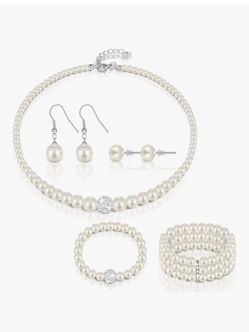 Classic Pearl Jewelry Set with Silver Accents - White